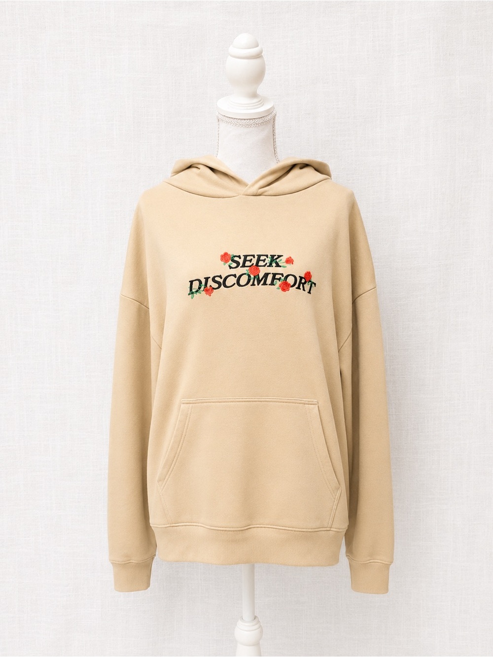 Seek Discomfort Beige Hoodie with Floral Embroidery